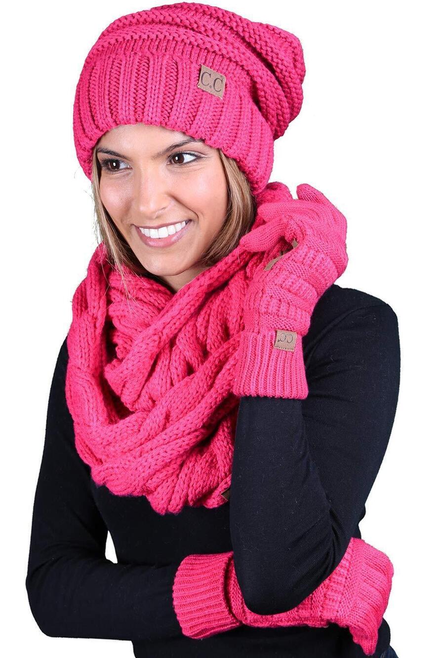 7954 Matching 3 Pack: Oversized Beanie, Texting Gloves, & Scarf - Candy